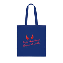 Load image into Gallery viewer, "Do you like my horns? They are retractable" Cotton Tote with Dr. Inna quote