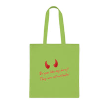 Load image into Gallery viewer, "Do you like my horns? They are retractable" Cotton Tote with Dr. Inna quote