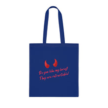 Load image into Gallery viewer, &quot;Do you like my horns? They are retractable&quot; Cotton Tote with Dr. Inna quote
